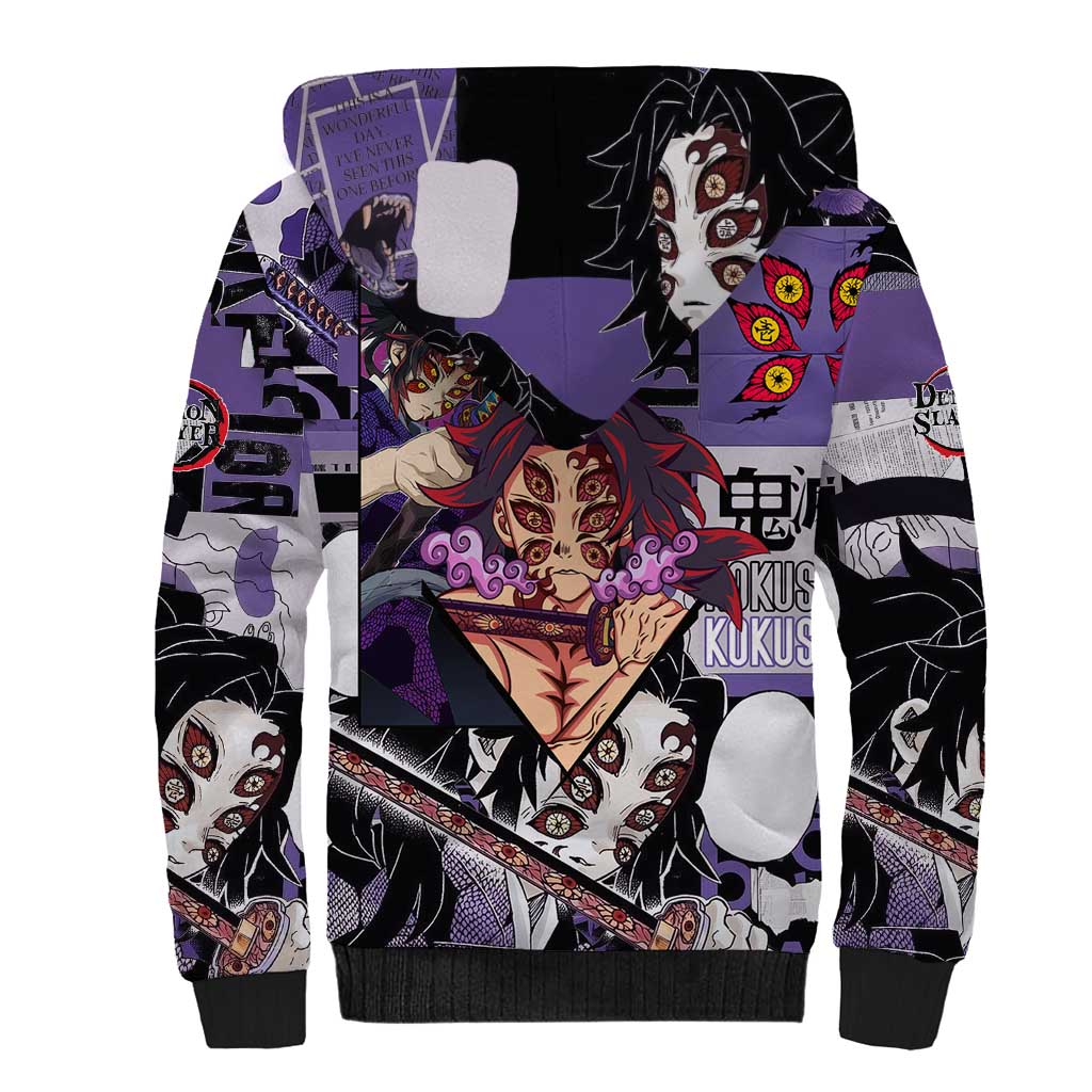 Kokushibo from Demon Slayer Sherpa Hoodie with Dark Red and Black Demonic Moon Style Design - The Mazicc