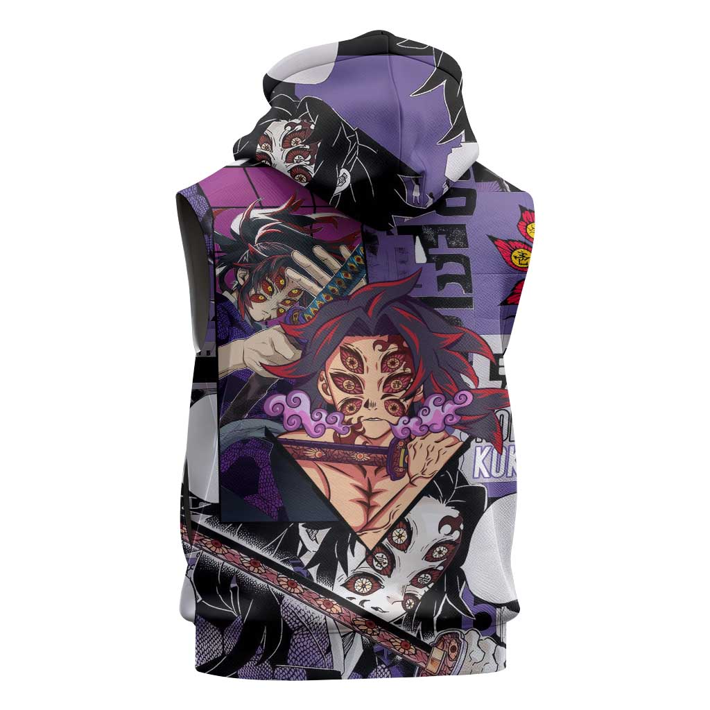 Kokushibo from Demon Slayer Sleeveless Hoodie with Dark Red and Black Demonic Moon Style Design - The Mazicc