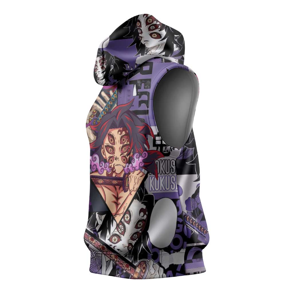 Kokushibo from Demon Slayer Sleeveless Hoodie with Dark Red and Black Demonic Moon Style Design - The Mazicc