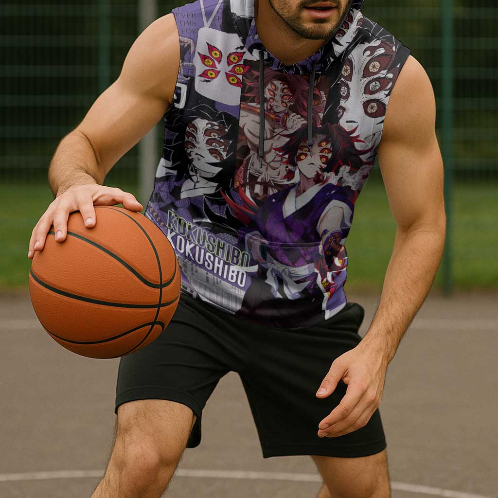 Kokushibo from Demon Slayer Sleeveless Hoodie with Dark Red and Black Demonic Moon Style Design - The Mazicc