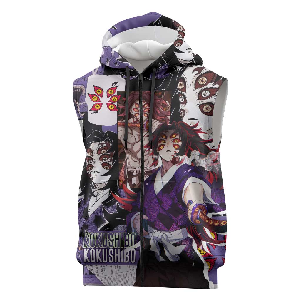 Kokushibo from Demon Slayer Sleeveless Zip Hoodie with Dark Red and Black Demonic Moon Style Design - The Mazicc