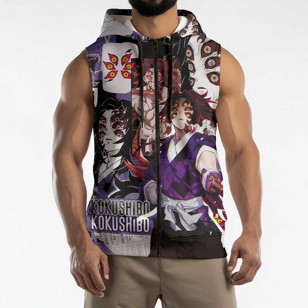 Kokushibo from Demon Slayer Sleeveless Zip Hoodie with Dark Red and Black Demonic Moon Style Design - The Mazicc