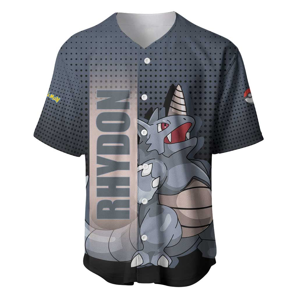 Rhydon Poké Baseball Jersey with Rock Type Icon Design and Battle Ready Pose Print - The Mazicc