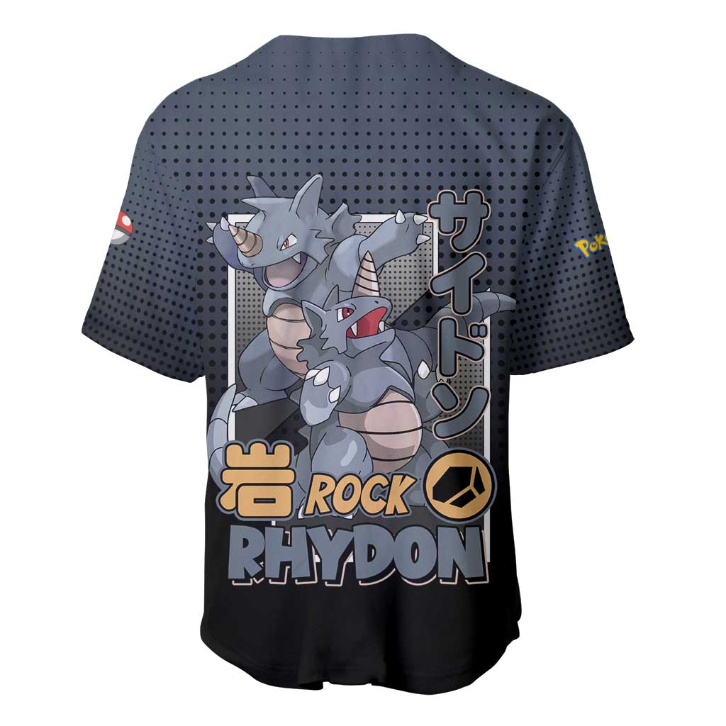 Rhydon Poké Baseball Jersey with Rock Type Icon Design and Battle Ready Pose Print - The Mazicc