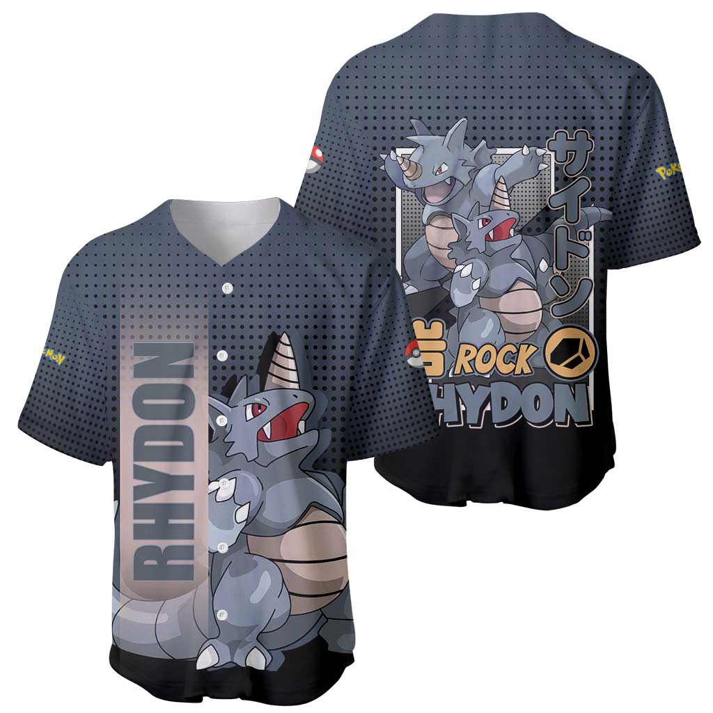 Rhydon Poké Baseball Jersey with Rock Type Icon Design and Battle Ready Pose Print - The Mazicc