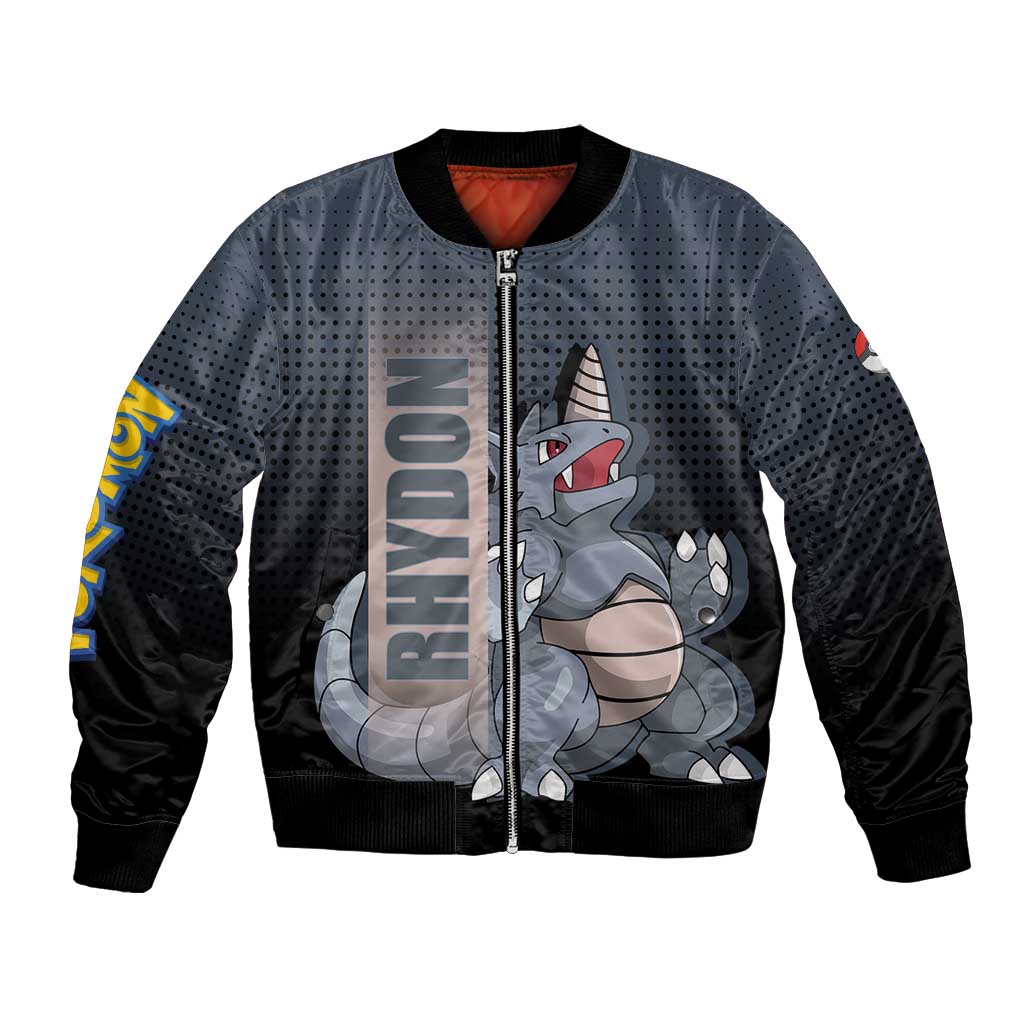 Rhydon Poké Bomber Jacket with Rock Type Icon Design and Battle Ready Pose Print - The Mazicc