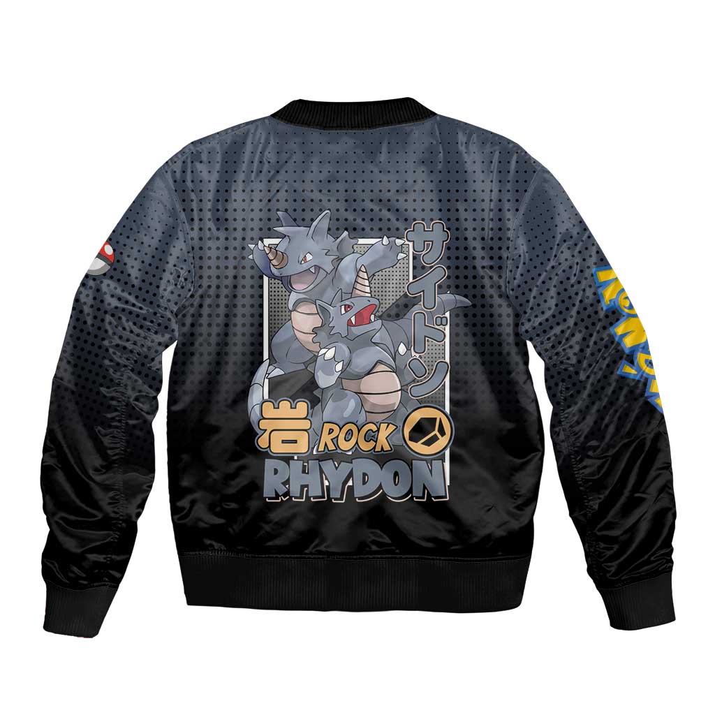 Rhydon Poké Bomber Jacket with Rock Type Icon Design and Battle Ready Pose Print - The Mazicc