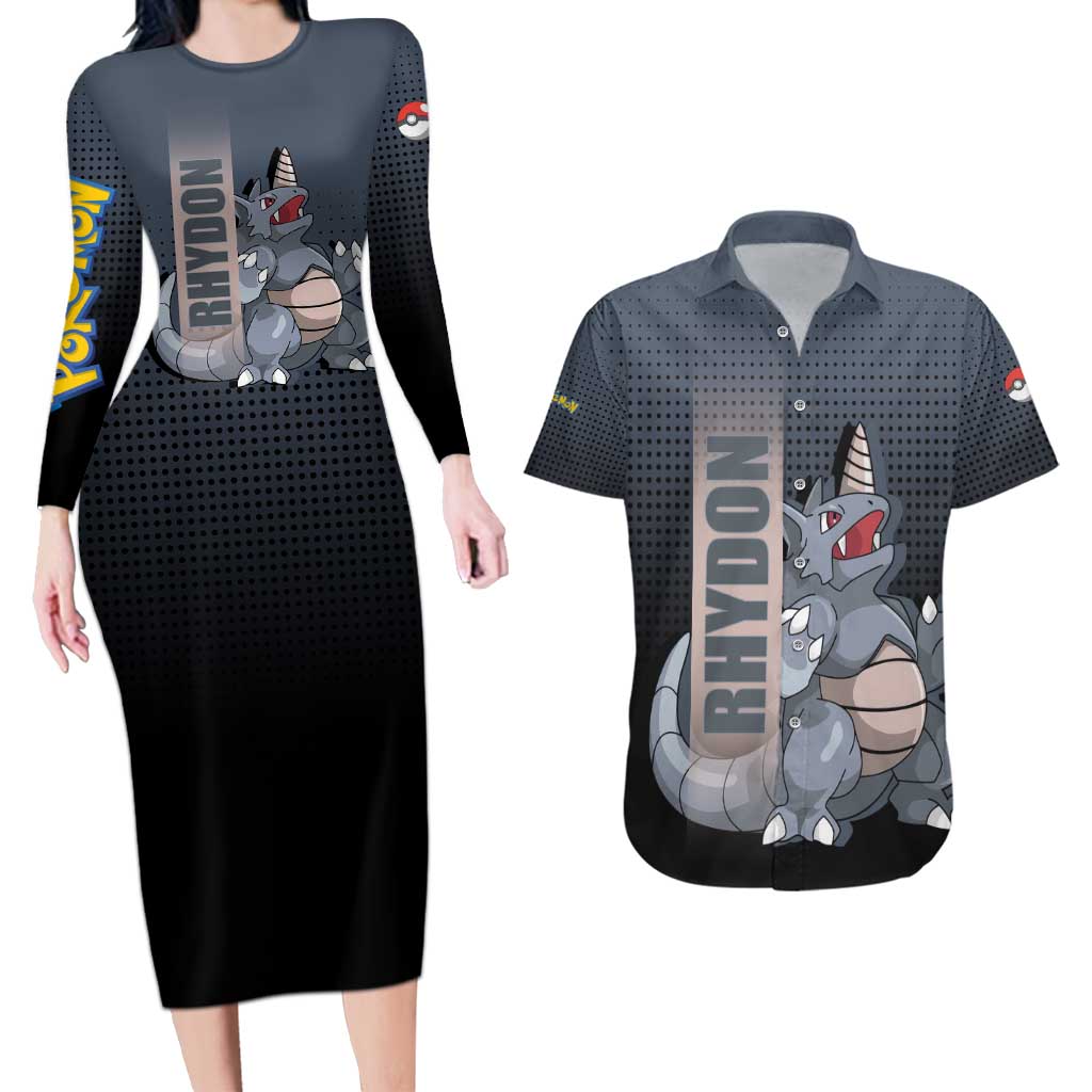 Rhydon Poké Couples Matching Long Sleeve Bodycon Dress and Hawaiian Shirt with Rock Type Icon Design and Battle Ready Pose Print - The Mazicc
