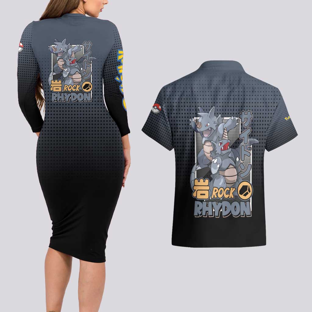 Rhydon Poké Couples Matching Long Sleeve Bodycon Dress and Hawaiian Shirt with Rock Type Icon Design and Battle Ready Pose Print - The Mazicc