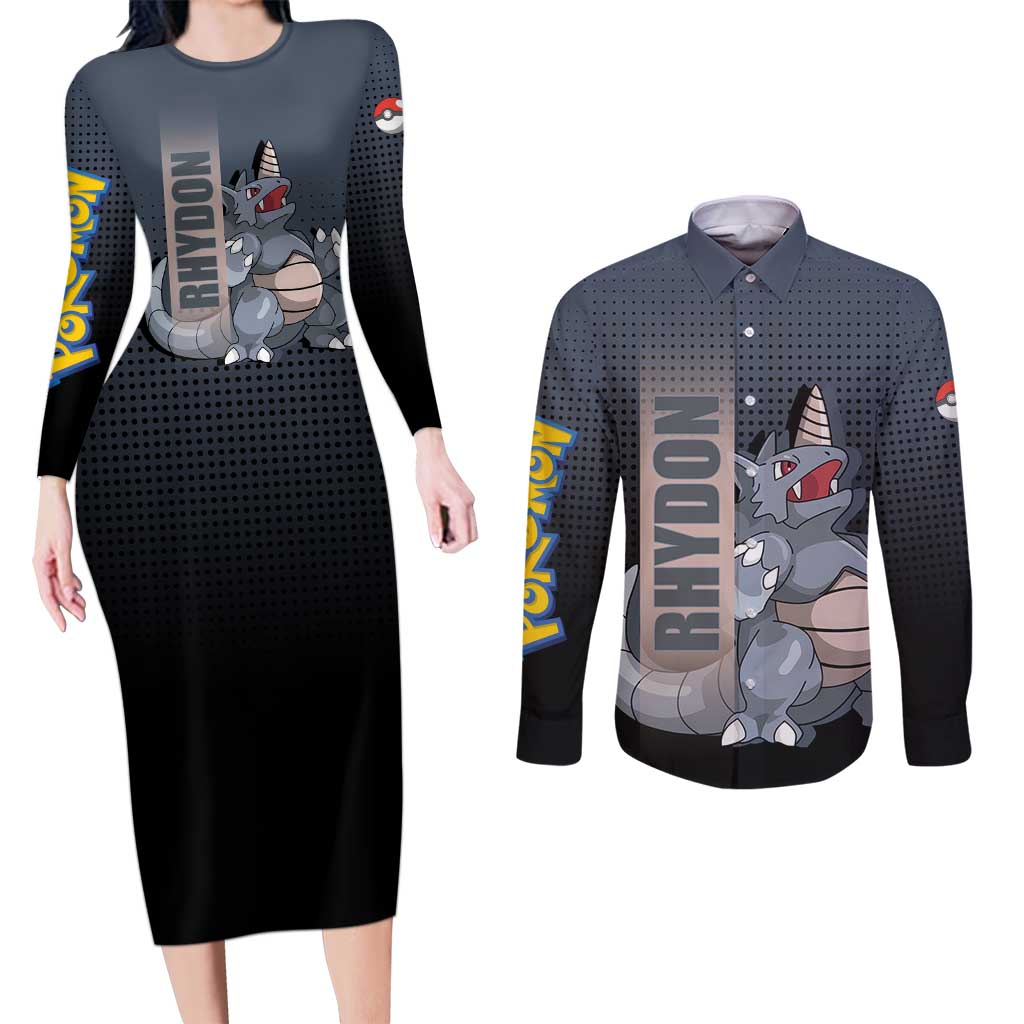 Rhydon Poké Couples Matching Long Sleeve Bodycon Dress and Long Sleeve Button Shirt with Rock Type Icon Design and Battle Ready Pose Print - The Mazicc