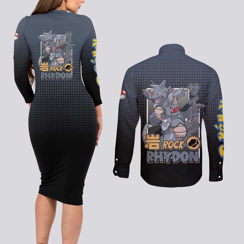 Rhydon Poké Couples Matching Long Sleeve Bodycon Dress and Long Sleeve Button Shirt with Rock Type Icon Design and Battle Ready Pose Print - The Mazicc