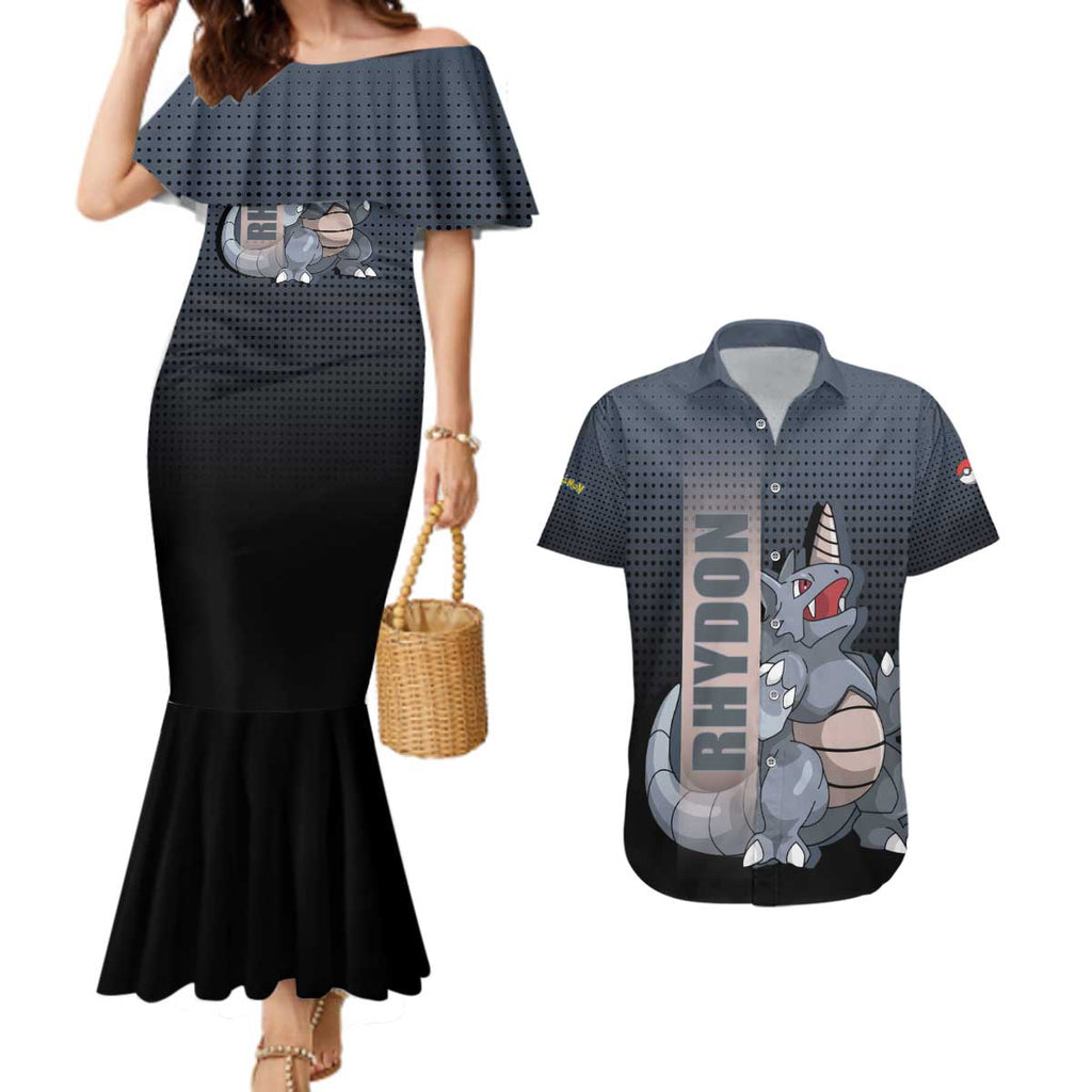 Rhydon Poké Couples Matching Mermaid Dress and Hawaiian Shirt with Rock Type Icon Design and Battle Ready Pose Print - The Mazicc