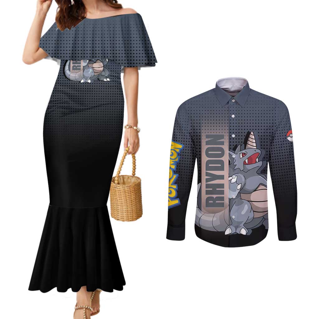 Rhydon Poké Couples Matching Mermaid Dress and Long Sleeve Button Shirt with Rock Type Icon Design and Battle Ready Pose Print - The Mazicc