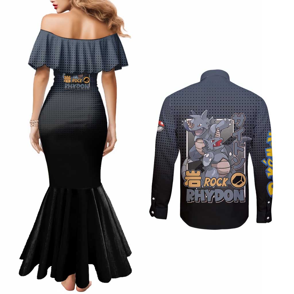 Rhydon Poké Couples Matching Mermaid Dress and Long Sleeve Button Shirt with Rock Type Icon Design and Battle Ready Pose Print - The Mazicc