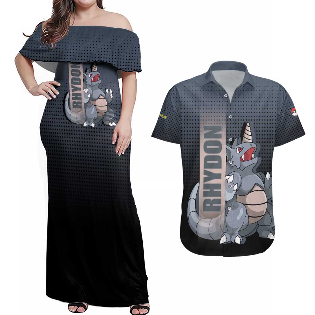 Rhydon Poké Couples Matching Off Shoulder Maxi Dress and Hawaiian Shirt with Rock Type Icon Design and Battle Ready Pose Print - The Mazicc
