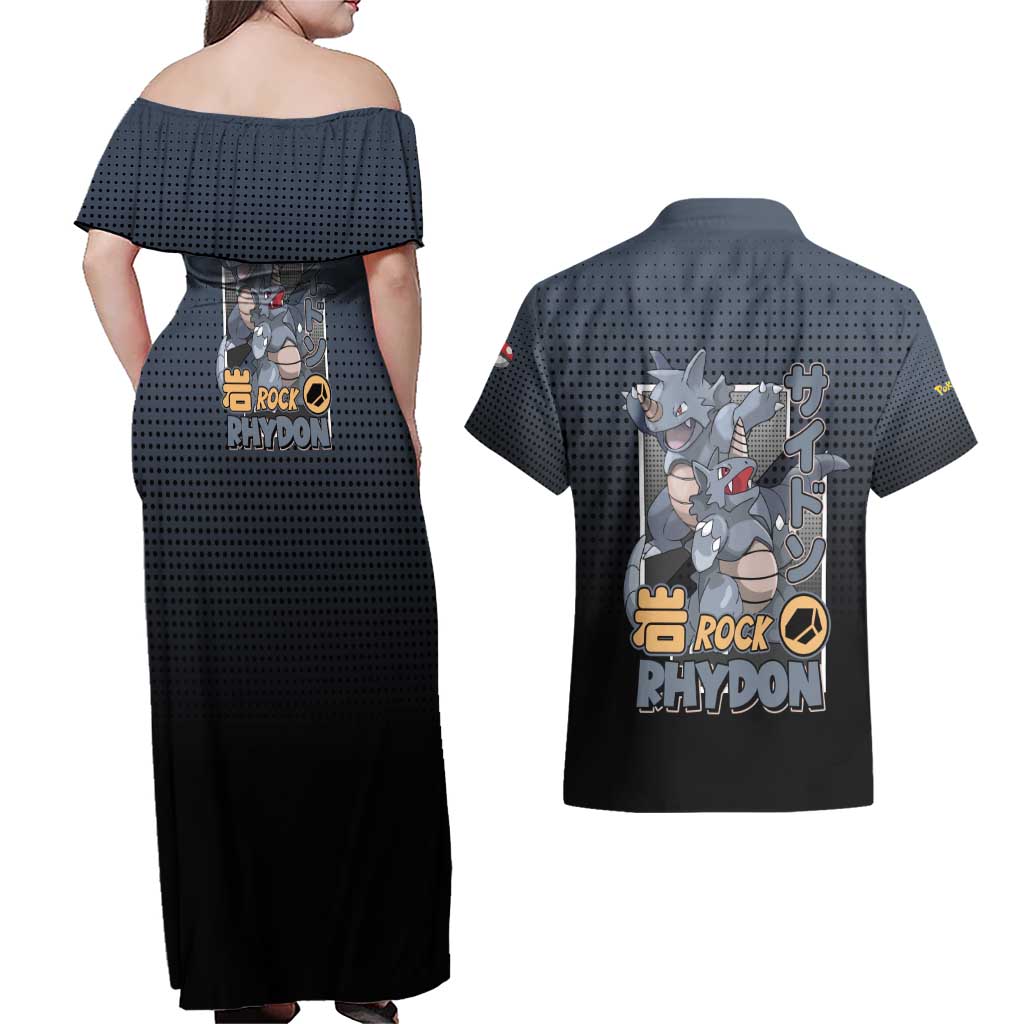 Rhydon Poké Couples Matching Off Shoulder Maxi Dress and Hawaiian Shirt with Rock Type Icon Design and Battle Ready Pose Print - The Mazicc