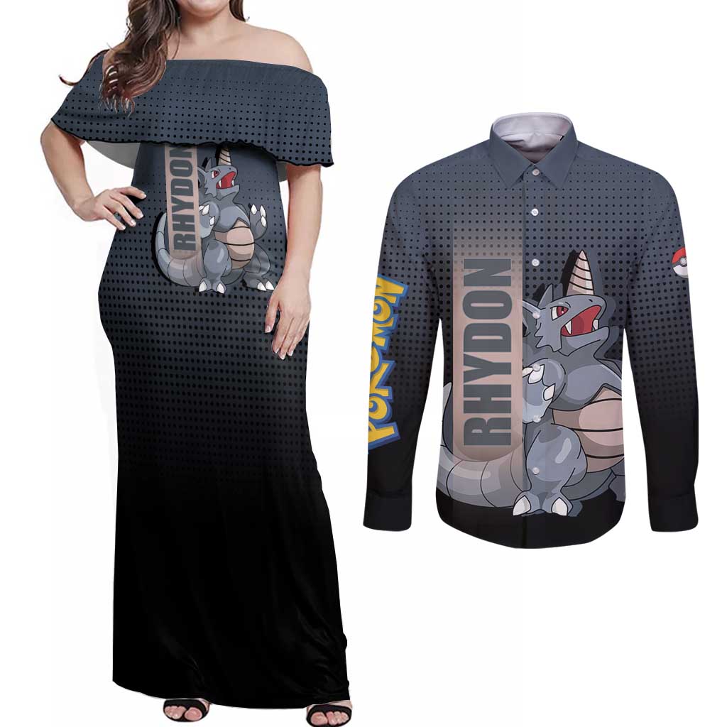 Rhydon Poké Couples Matching Off Shoulder Maxi Dress and Long Sleeve Button Shirt with Rock Type Icon Design and Battle Ready Pose Print - The Mazicc