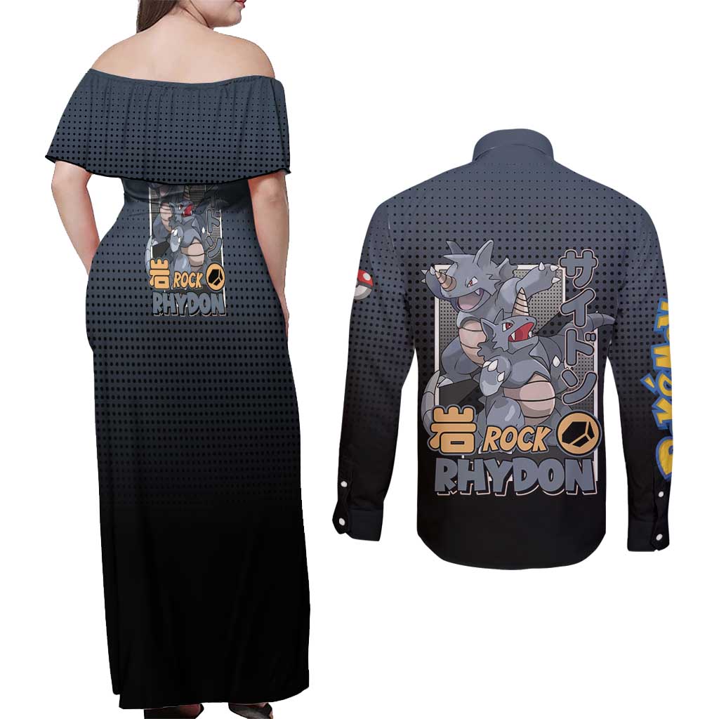 Rhydon Poké Couples Matching Off Shoulder Maxi Dress and Long Sleeve Button Shirt with Rock Type Icon Design and Battle Ready Pose Print - The Mazicc