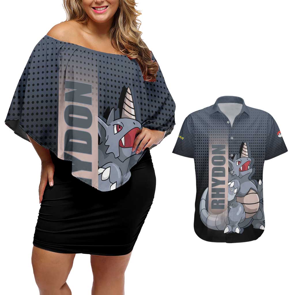Rhydon Poké Couples Matching Off Shoulder Short Dress and Hawaiian Shirt with Rock Type Icon Design and Battle Ready Pose Print - The Mazicc