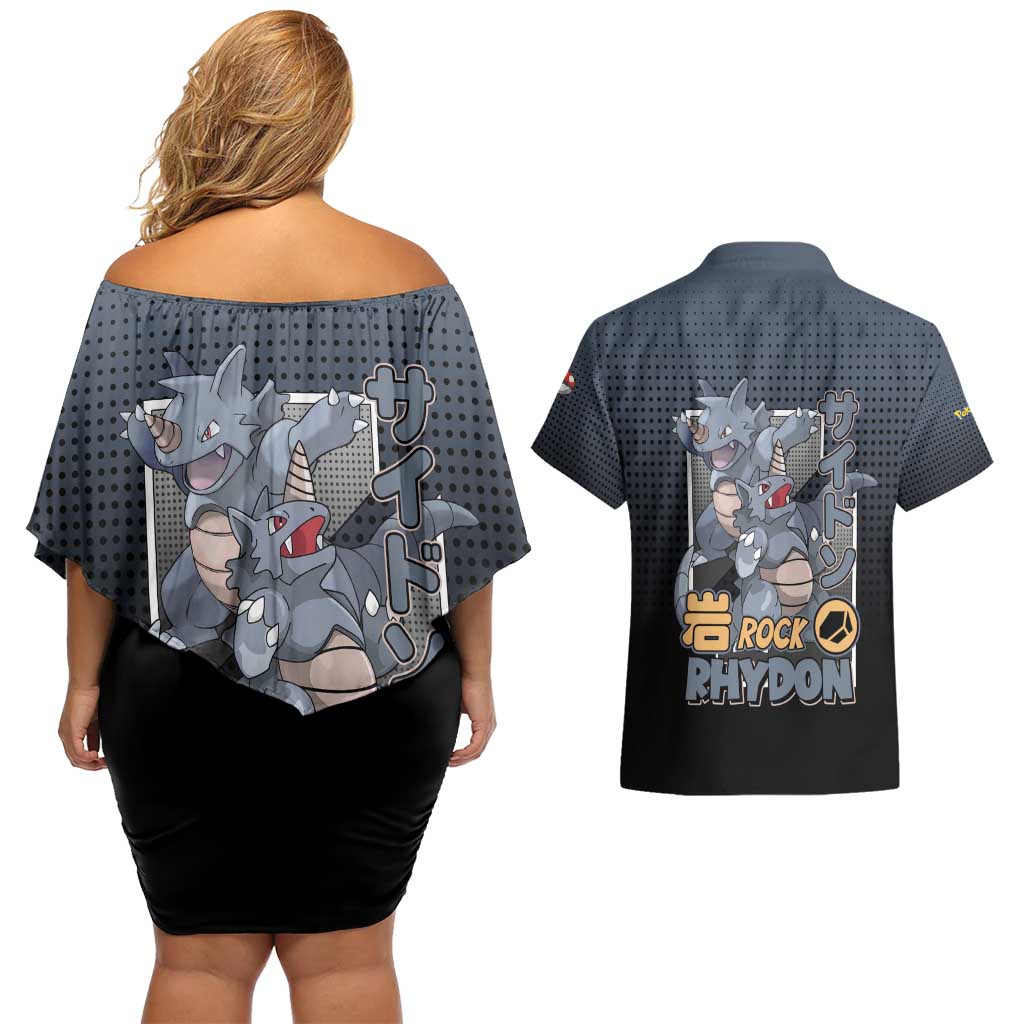 Rhydon Poké Couples Matching Off Shoulder Short Dress and Hawaiian Shirt with Rock Type Icon Design and Battle Ready Pose Print - The Mazicc