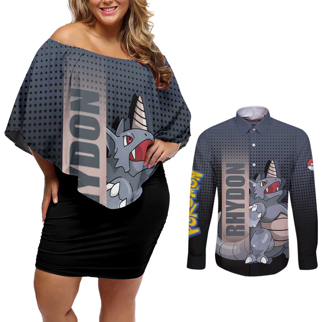 Rhydon Poké Couples Matching Off Shoulder Short Dress and Long Sleeve Button Shirt with Rock Type Icon Design and Battle Ready Pose Print - The Mazicc