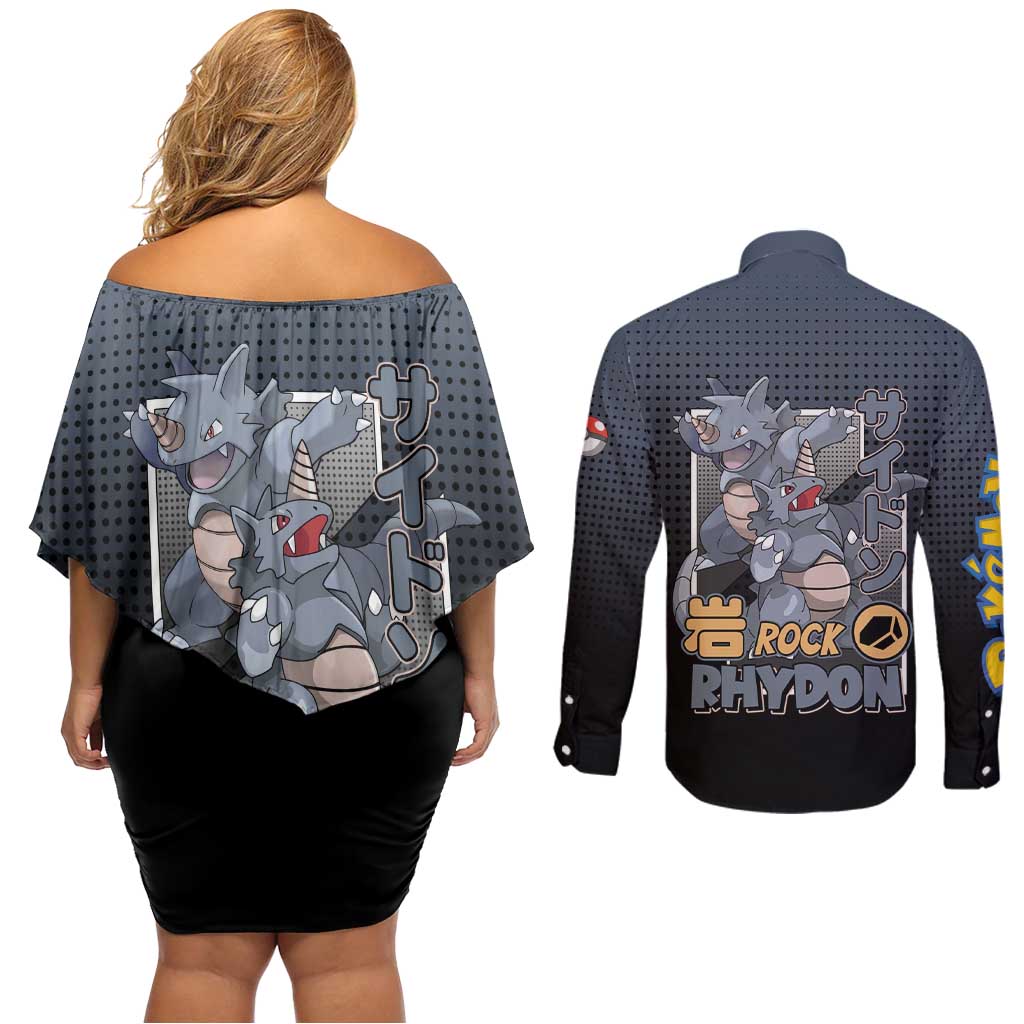 Rhydon Poké Couples Matching Off Shoulder Short Dress and Long Sleeve Button Shirt with Rock Type Icon Design and Battle Ready Pose Print - The Mazicc