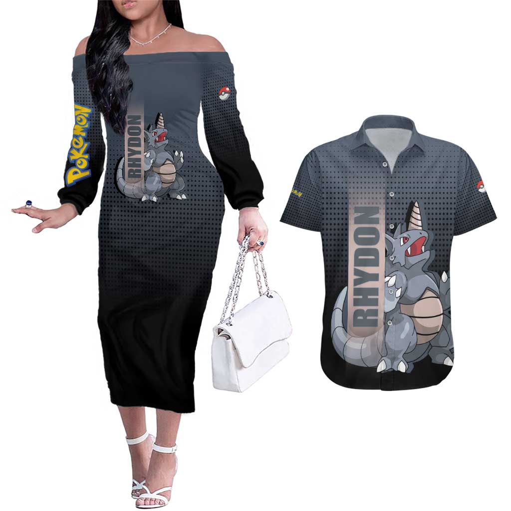 Rhydon Poké Couples Matching Off The Shoulder Long Sleeve Dress and Hawaiian Shirt with Rock Type Icon Design and Battle Ready Pose Print - The Mazicc