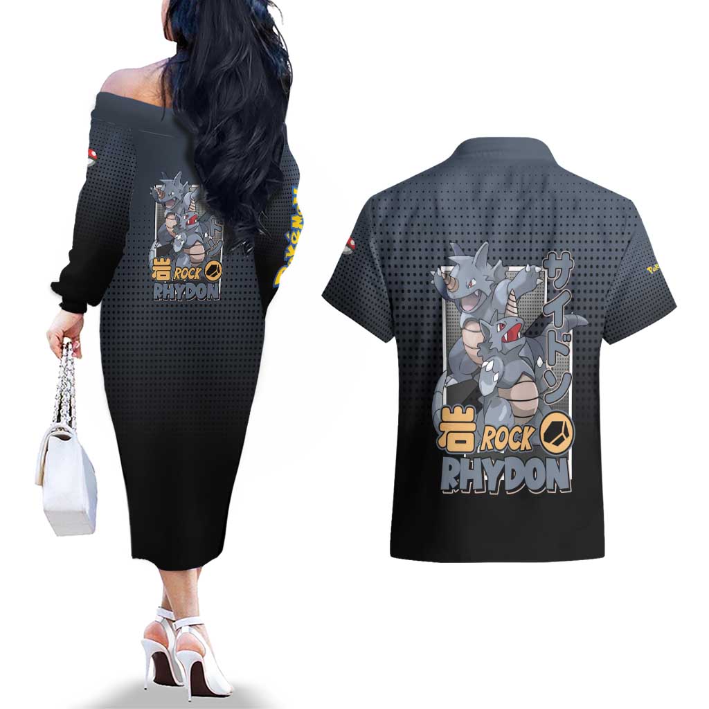 Rhydon Poké Couples Matching Off The Shoulder Long Sleeve Dress and Hawaiian Shirt with Rock Type Icon Design and Battle Ready Pose Print - The Mazicc