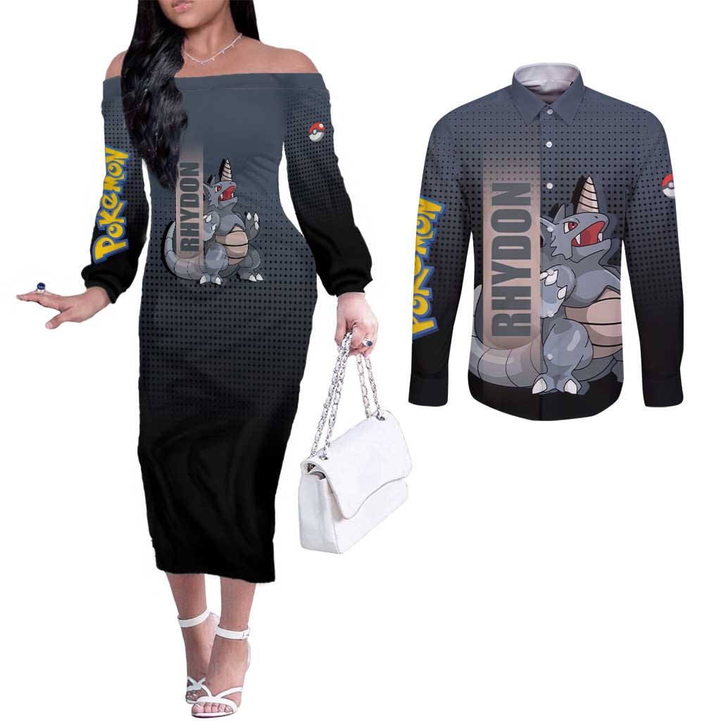 Rhydon Poké Couples Matching Off The Shoulder Long Sleeve Dress and Long Sleeve Button Shirt with Rock Type Icon Design and Battle Ready Pose Print - The Mazicc