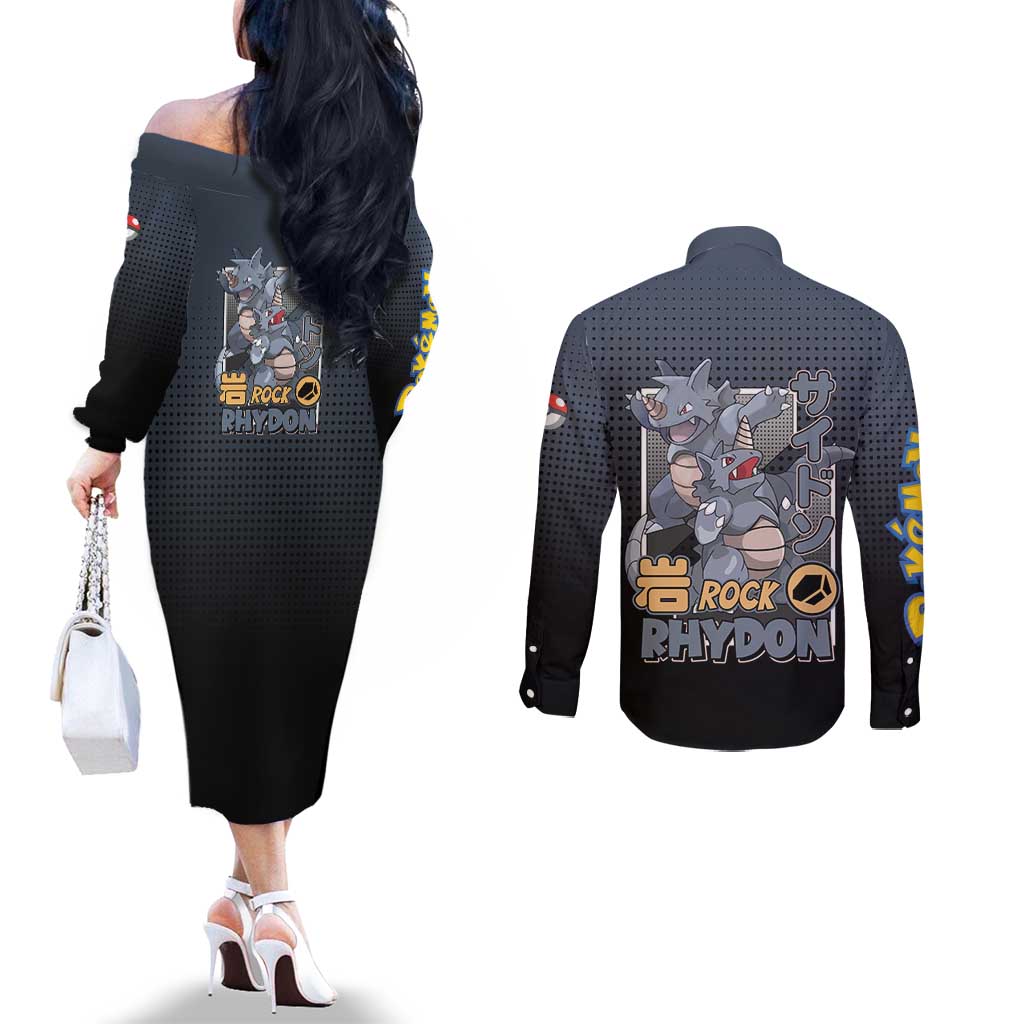 Rhydon Poké Couples Matching Off The Shoulder Long Sleeve Dress and Long Sleeve Button Shirt with Rock Type Icon Design and Battle Ready Pose Print - The Mazicc