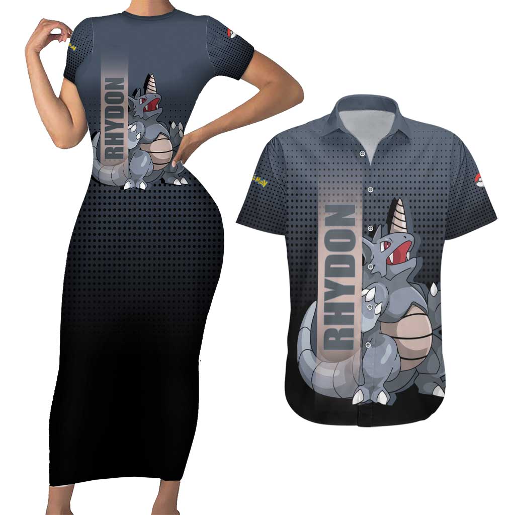 Rhydon Poké Couples Matching Short Sleeve Bodycon Dress and Hawaiian Shirt with Rock Type Icon Design and Battle Ready Pose Print - The Mazicc