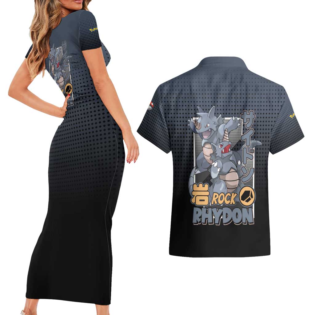 Rhydon Poké Couples Matching Short Sleeve Bodycon Dress and Hawaiian Shirt with Rock Type Icon Design and Battle Ready Pose Print - The Mazicc