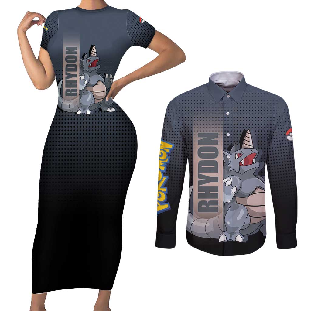 Rhydon Poké Couples Matching Short Sleeve Bodycon Dress and Long Sleeve Button Shirt with Rock Type Icon Design and Battle Ready Pose Print - The Mazicc