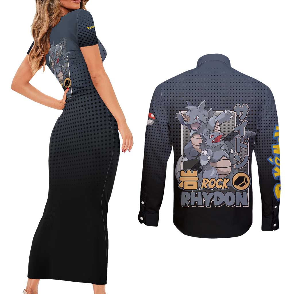 Rhydon Poké Couples Matching Short Sleeve Bodycon Dress and Long Sleeve Button Shirt with Rock Type Icon Design and Battle Ready Pose Print - The Mazicc