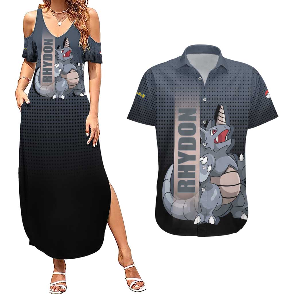 Rhydon Poké Couples Matching Summer Maxi Dress and Hawaiian Shirt with Rock Type Icon Design and Battle Ready Pose Print - The Mazicc