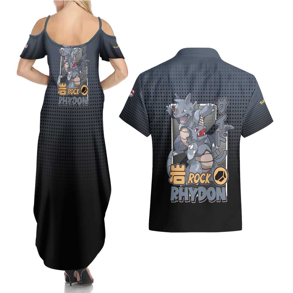 Rhydon Poké Couples Matching Summer Maxi Dress and Hawaiian Shirt with Rock Type Icon Design and Battle Ready Pose Print - The Mazicc