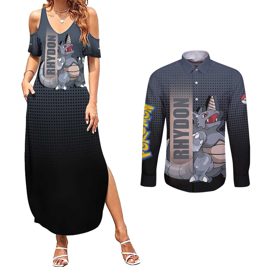 Rhydon Poké Couples Matching Summer Maxi Dress and Long Sleeve Button Shirt with Rock Type Icon Design and Battle Ready Pose Print - The Mazicc
