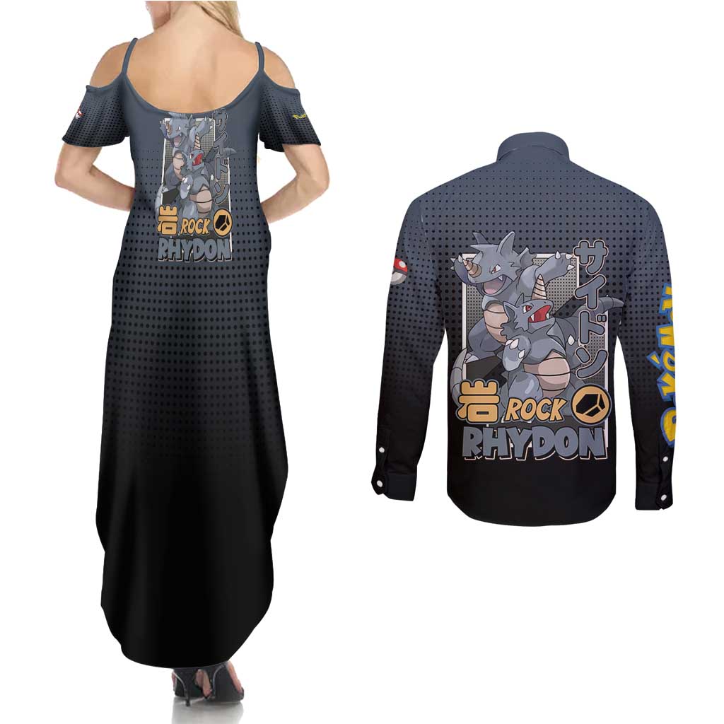 Rhydon Poké Couples Matching Summer Maxi Dress and Long Sleeve Button Shirt with Rock Type Icon Design and Battle Ready Pose Print - The Mazicc