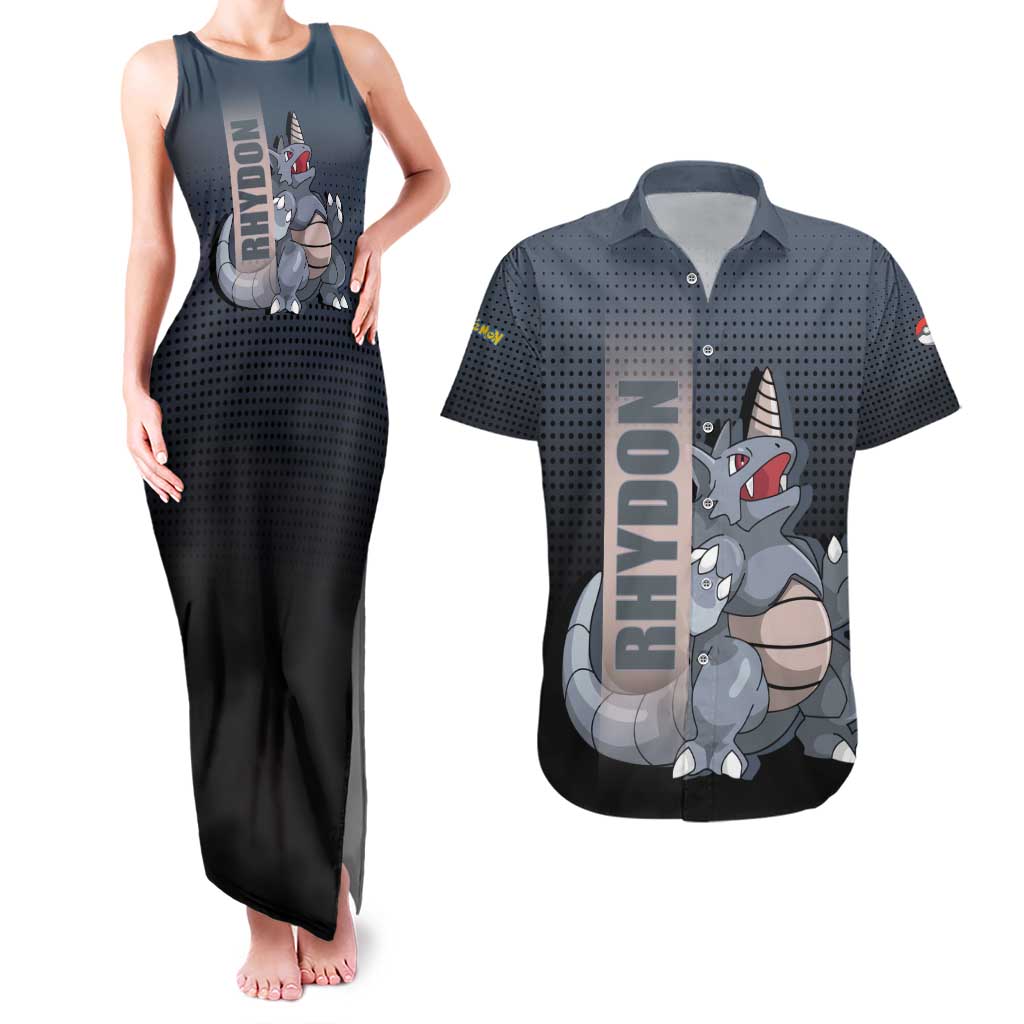 Rhydon Poké Couples Matching Tank Maxi Dress and Hawaiian Shirt with Rock Type Icon Design and Battle Ready Pose Print - The Mazicc