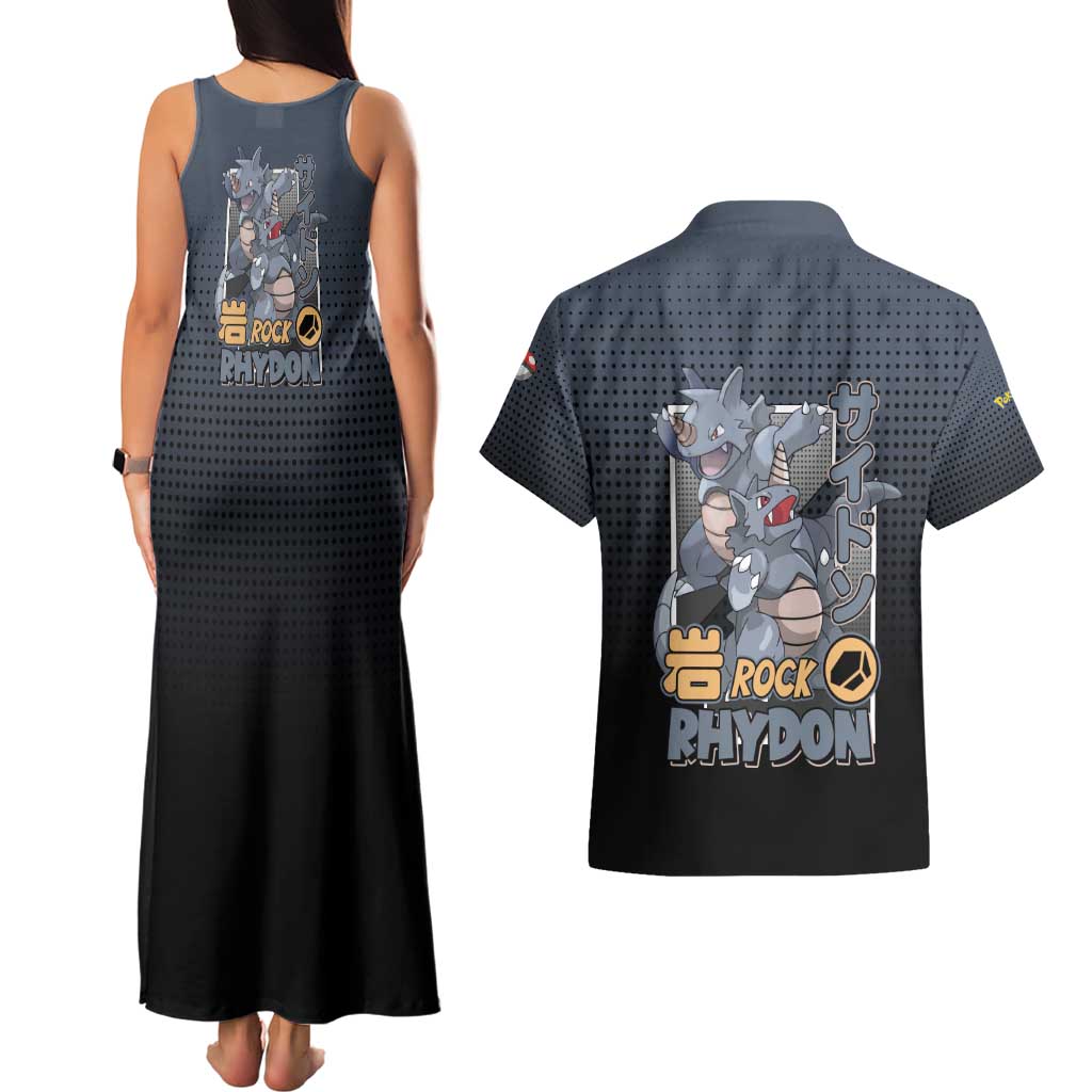 Rhydon Poké Couples Matching Tank Maxi Dress and Hawaiian Shirt with Rock Type Icon Design and Battle Ready Pose Print - The Mazicc