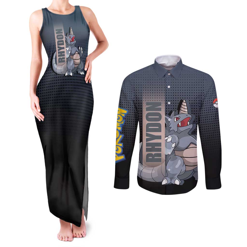 Rhydon Poké Couples Matching Tank Maxi Dress and Long Sleeve Button Shirt with Rock Type Icon Design and Battle Ready Pose Print - The Mazicc