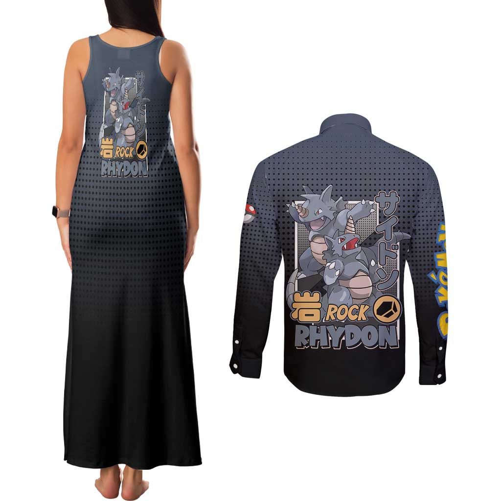 Rhydon Poké Couples Matching Tank Maxi Dress and Long Sleeve Button Shirt with Rock Type Icon Design and Battle Ready Pose Print - The Mazicc
