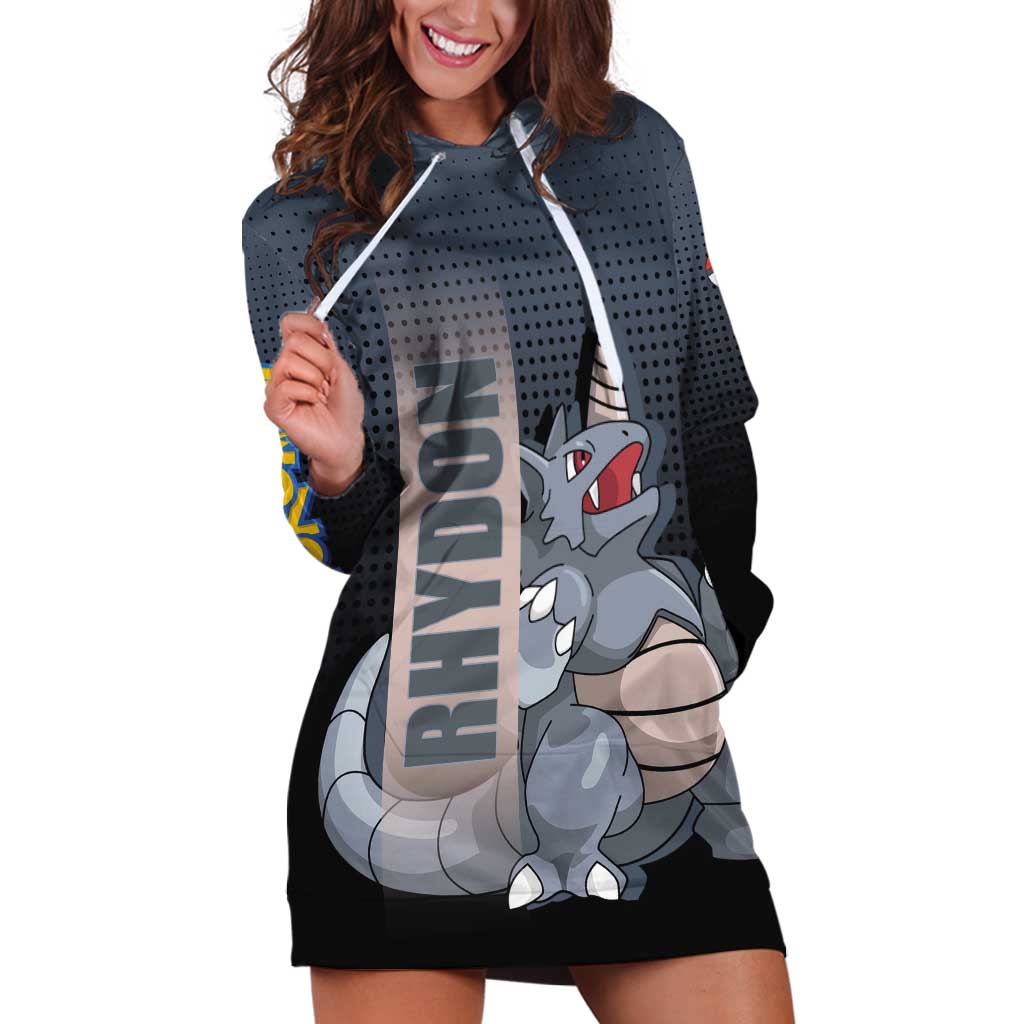 Rhydon Poké Hoodie Dress with Rock Type Icon Design and Battle Ready Pose Print - The Mazicc