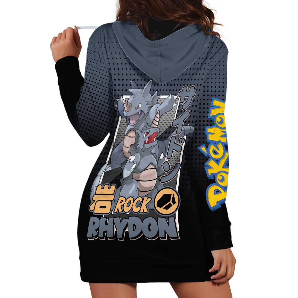 Rhydon Poké Hoodie Dress with Rock Type Icon Design and Battle Ready Pose Print - The Mazicc