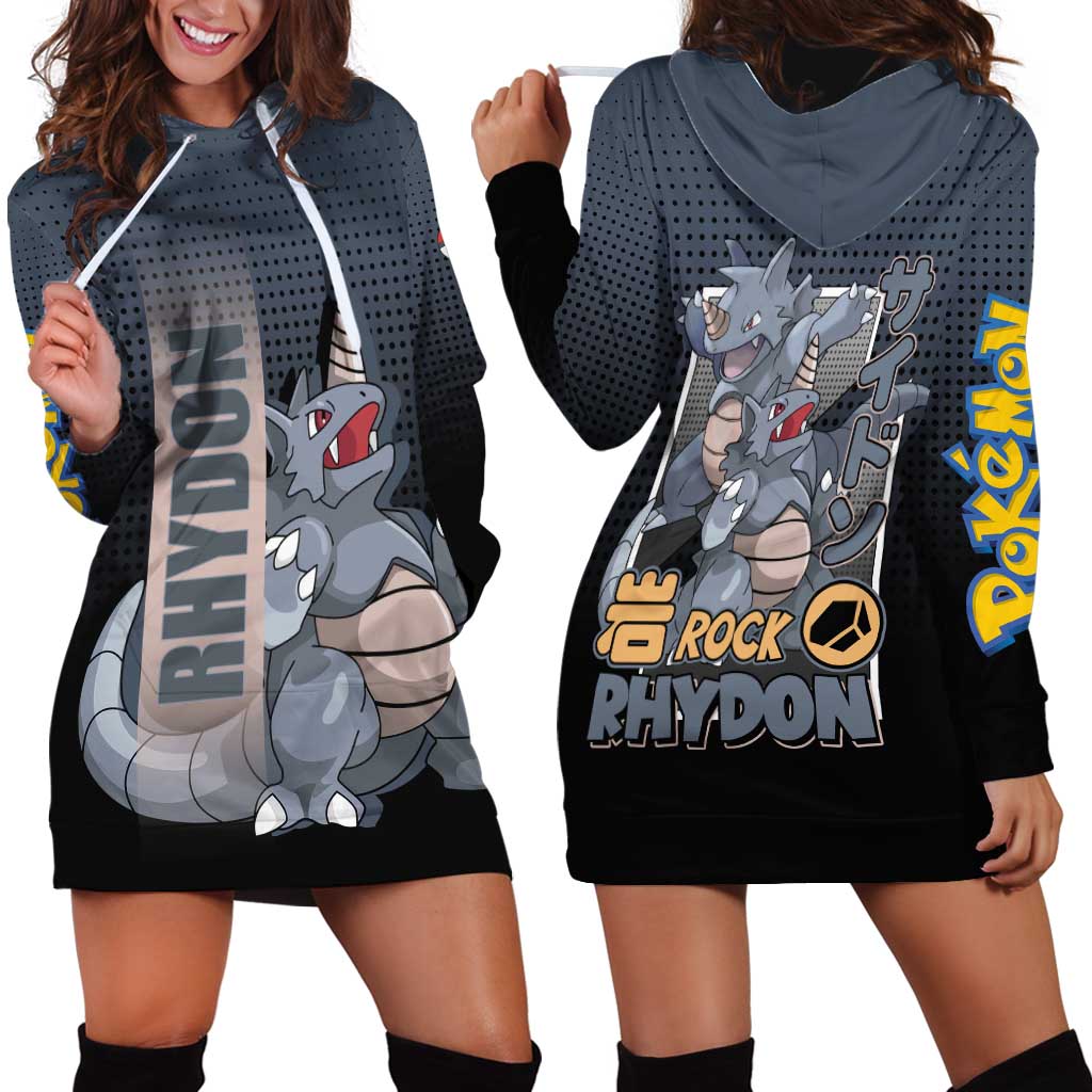 Rhydon Poké Hoodie Dress with Rock Type Icon Design and Battle Ready Pose Print - The Mazicc