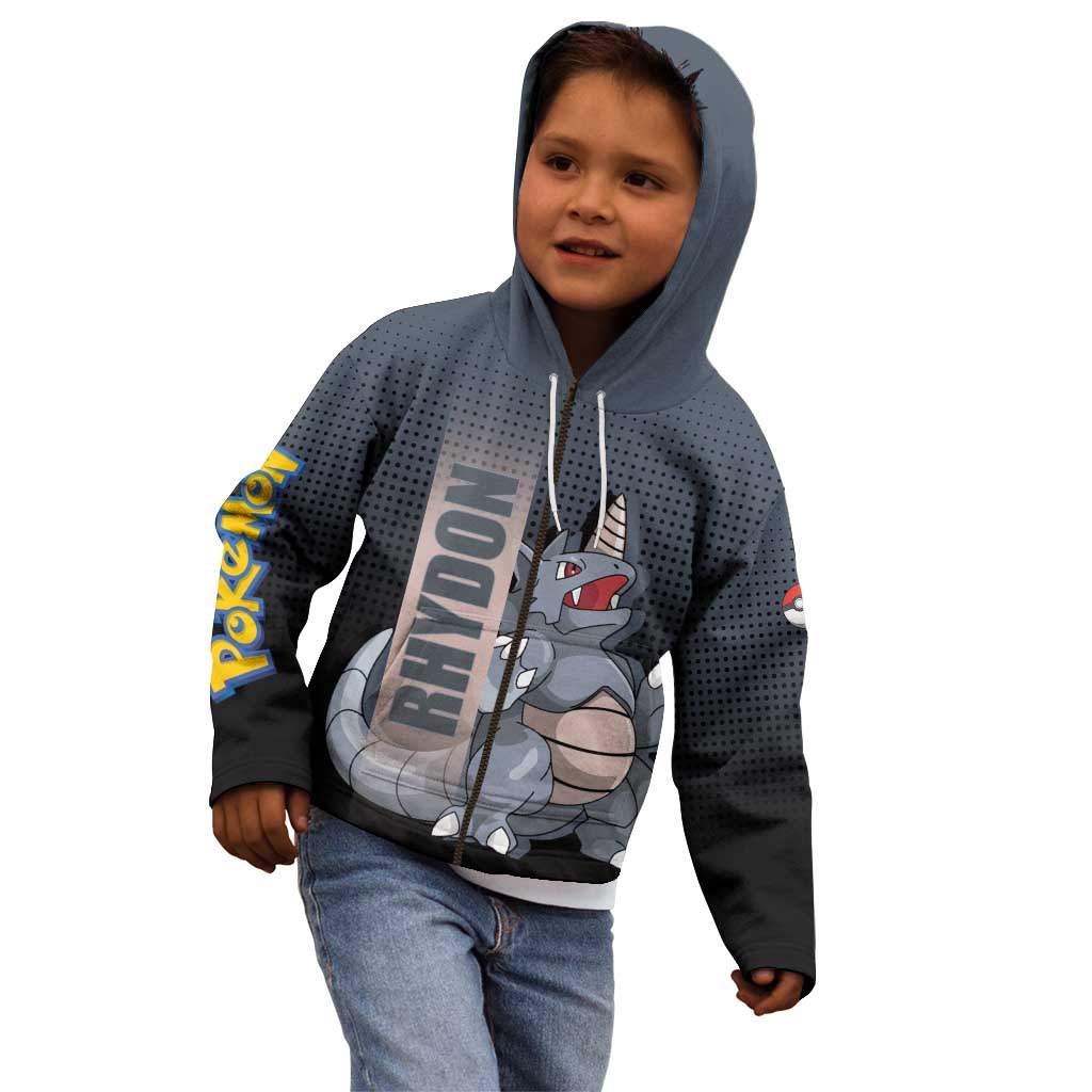 Rhydon Poké Kid Hoodie with Rock Type Icon Design and Battle Ready Pose Print - The Mazicc