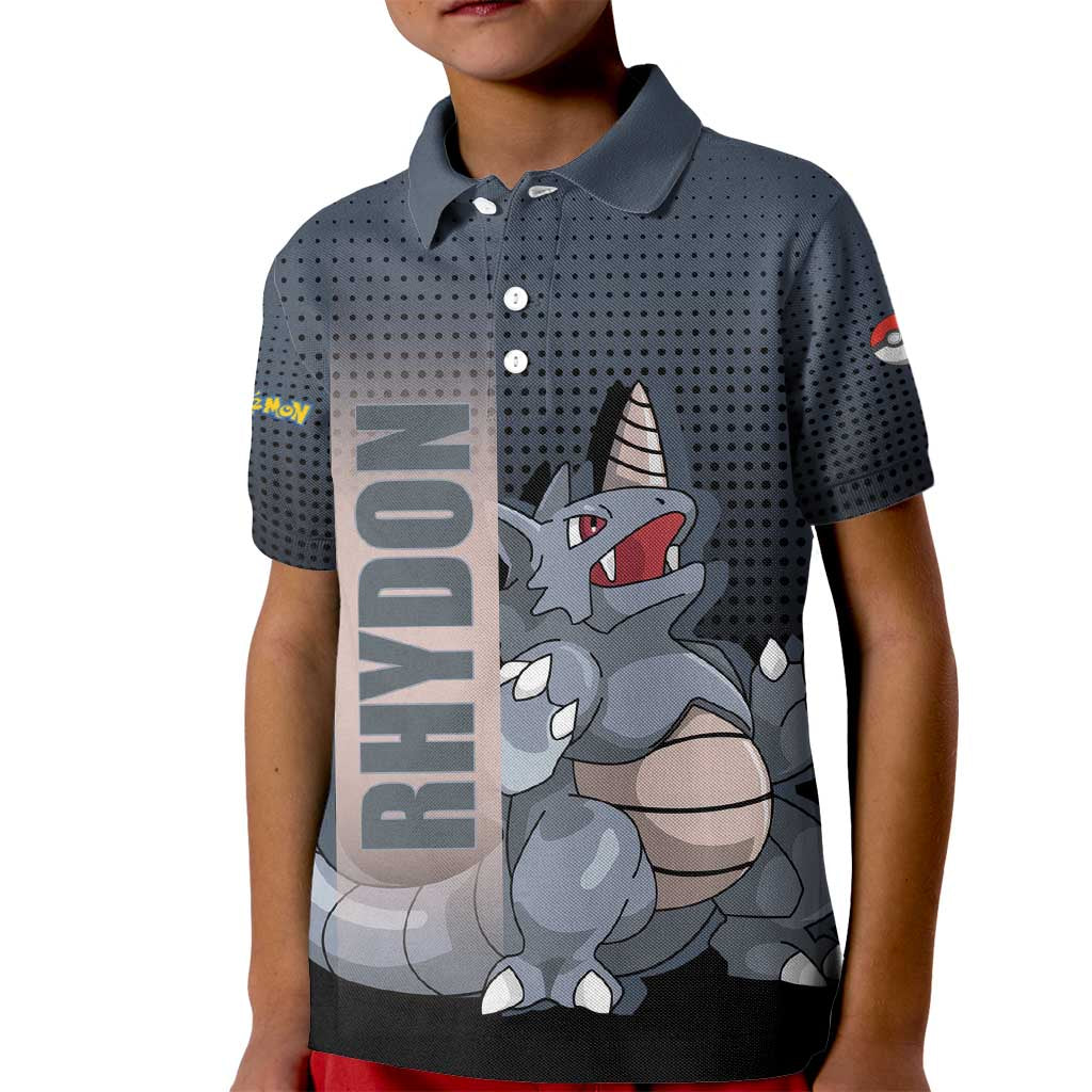 Rhydon Poké Kid Polo Shirt with Rock Type Icon Design and Battle Ready Pose Print - The Mazicc