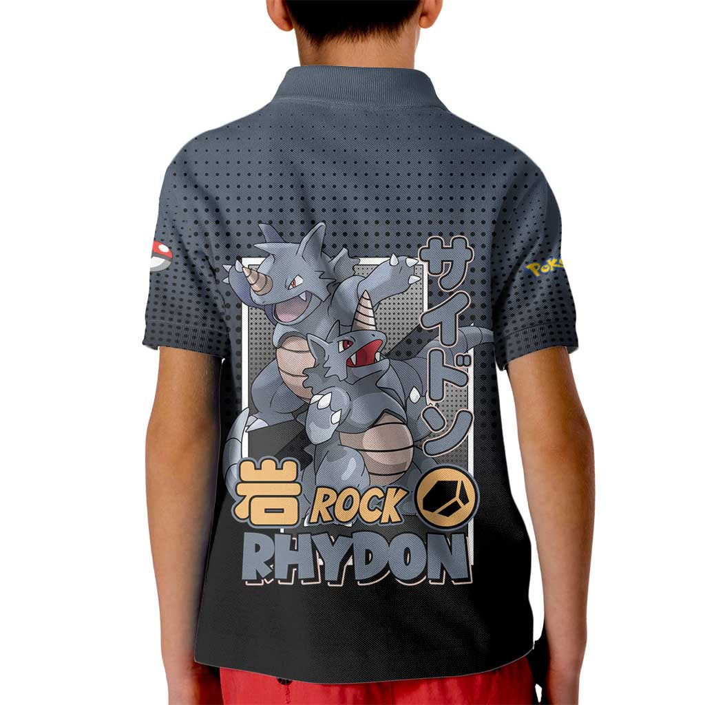 Rhydon Poké Kid Polo Shirt with Rock Type Icon Design and Battle Ready Pose Print - The Mazicc
