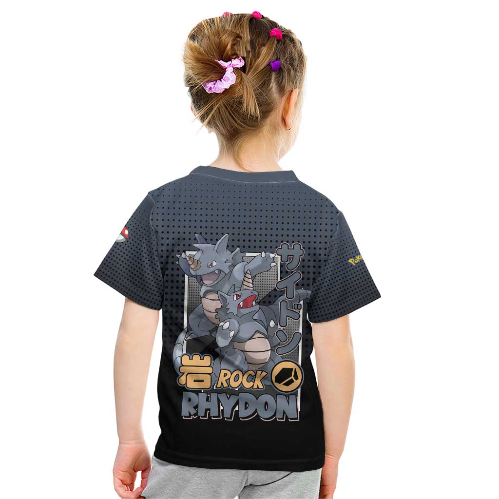 Rhydon Poké Kid T Shirt with Rock Type Icon Design and Battle Ready Pose Print - The Mazicc