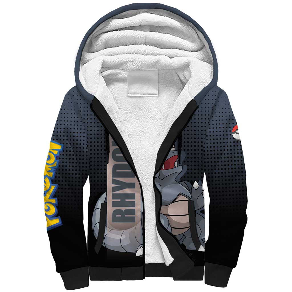 Rhydon Poké Sherpa Hoodie with Rock Type Icon Design and Battle Ready Pose Print - The Mazicc